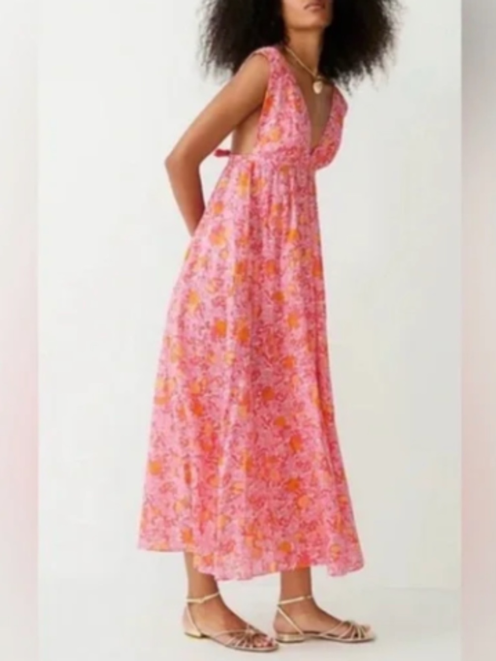 NWOT J. Crew Plunge-Neck Cotton Midi Beach Dress in Pink Limone Print - Small